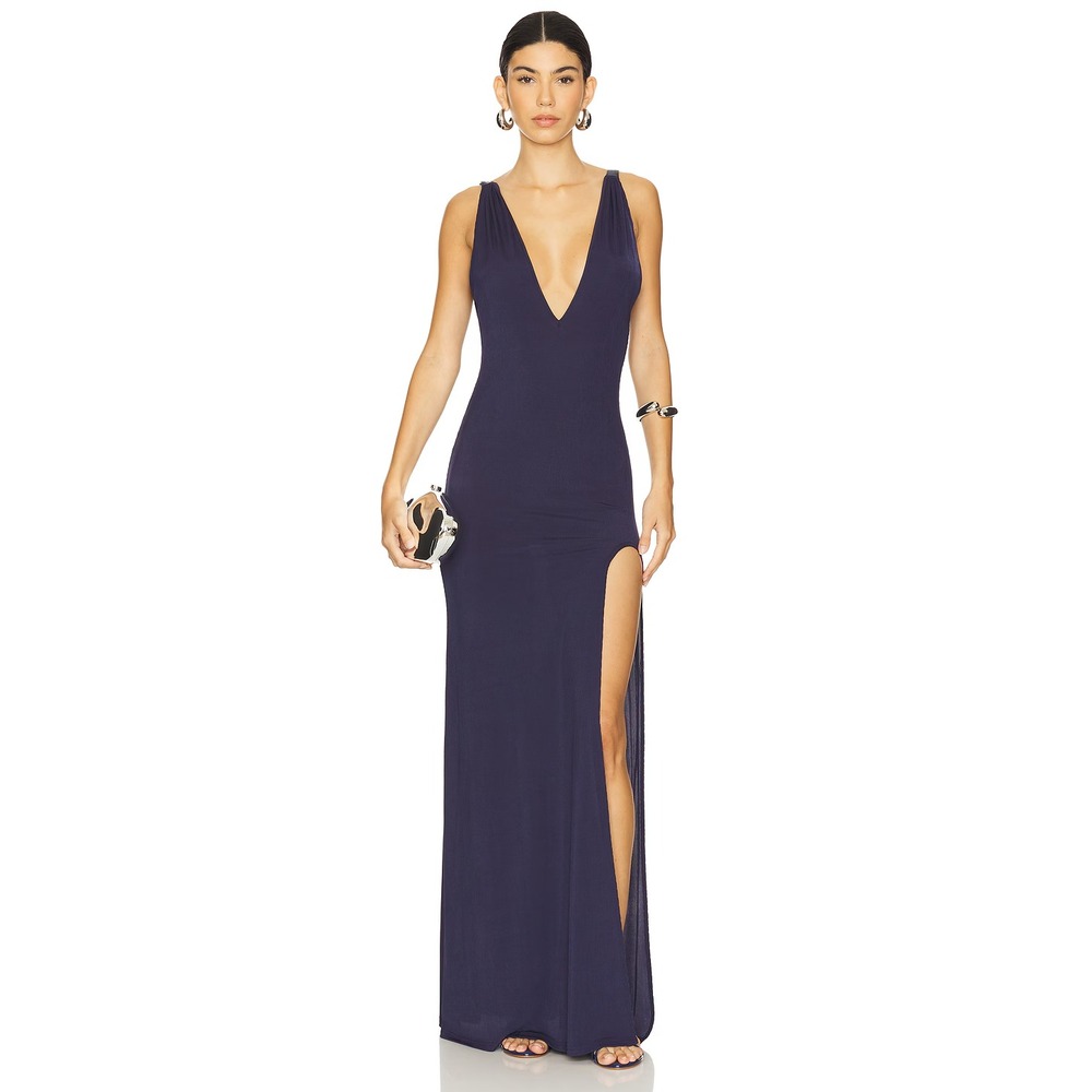 OW Collection Thalia Maxi Dress Womens L Dark Blue Revolve Side Slit Sexy Gown‎